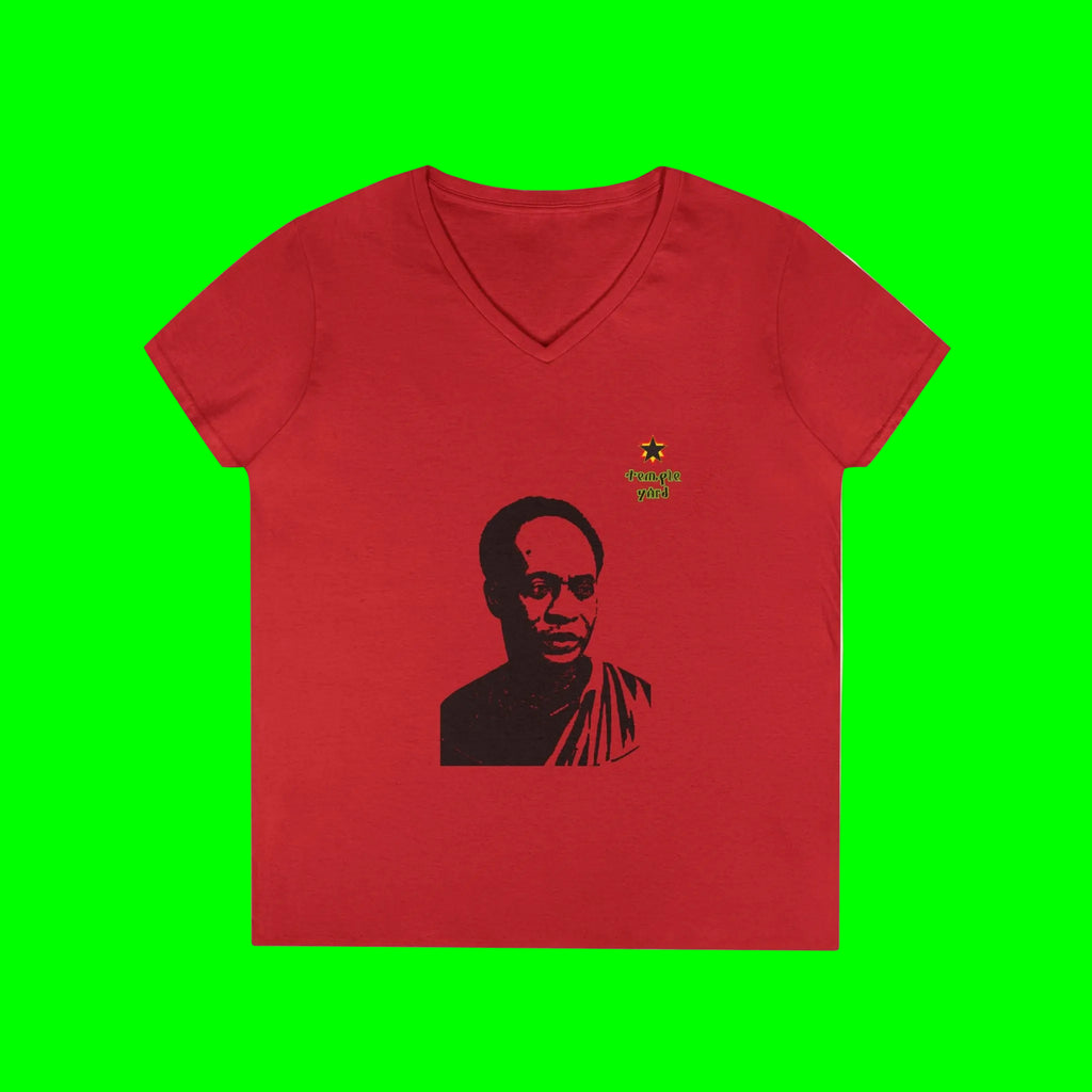 Ladies' V-Neck T-Shirt — Black & White Portrait Tee with Tiny Star "prajañā yāti" Accent