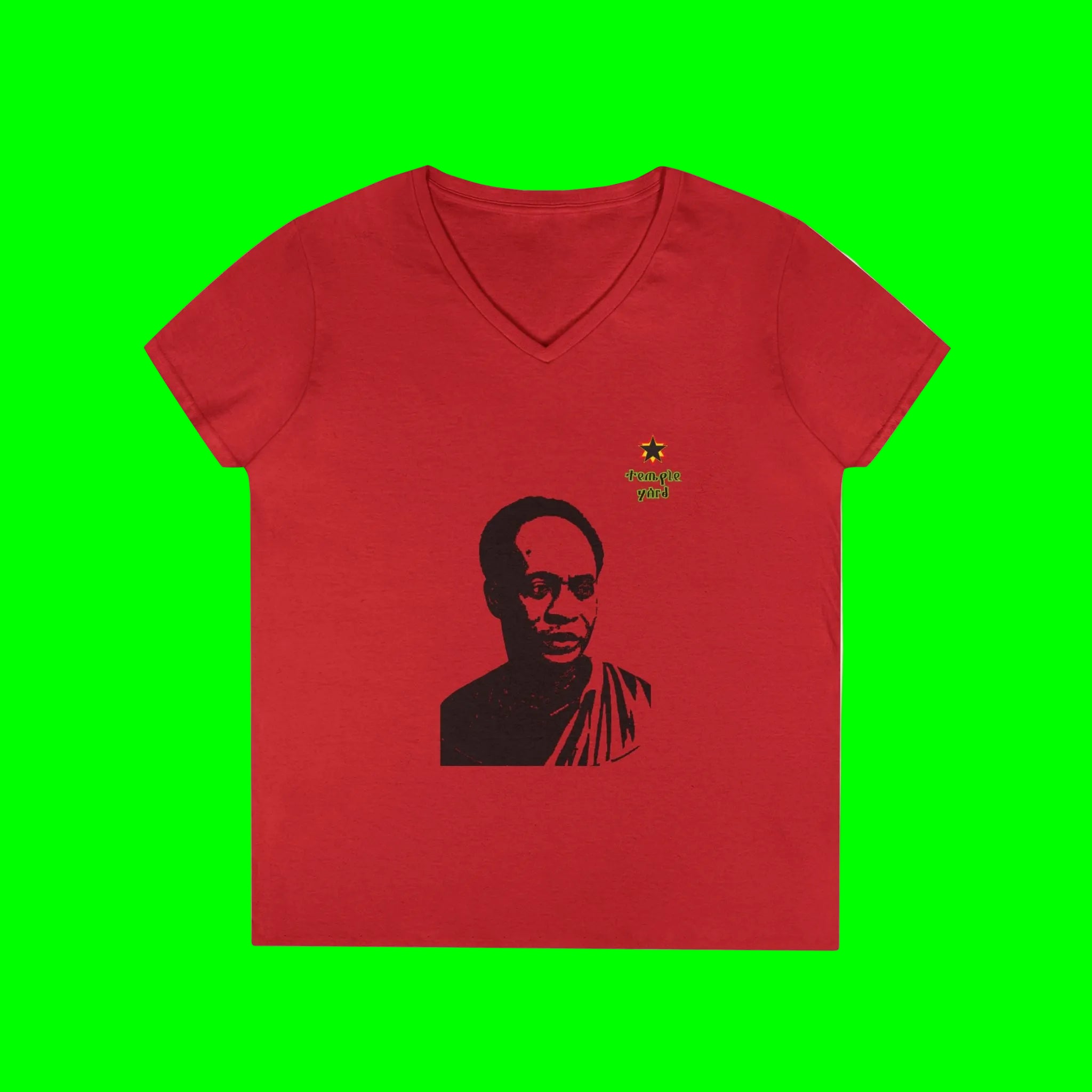 Ladies' V-Neck T-Shirt — Black & White Portrait Tee with Tiny Star "prajañā yāti" Accent