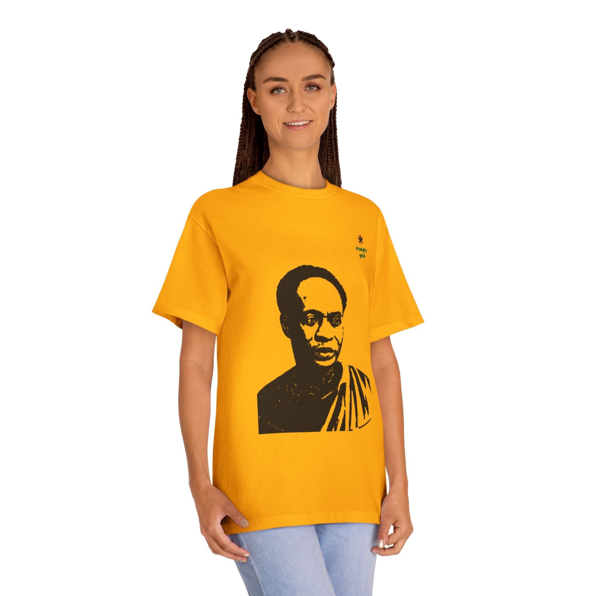 T-Shirt — Black & White Portrait Tee with 'thoughts yield' Accent