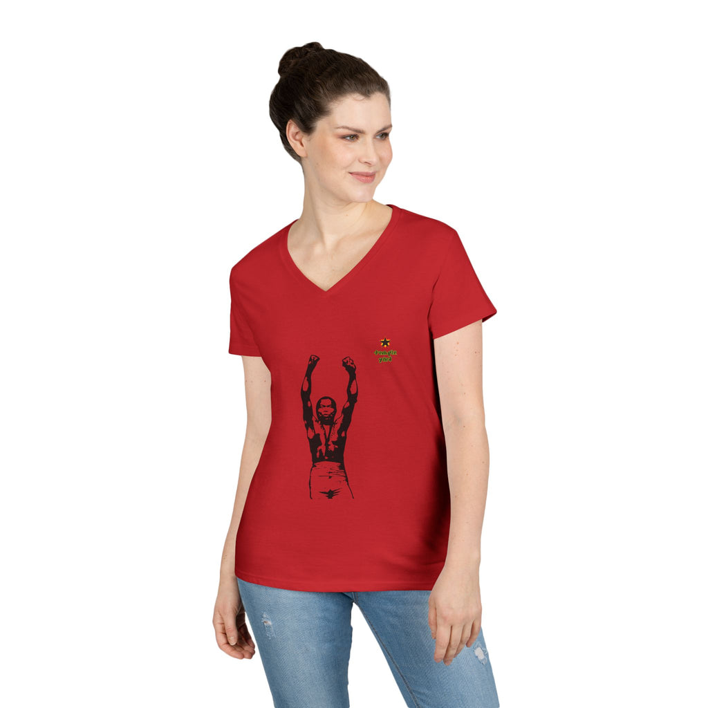 Ladies' V-Neck T-Shirt — Empowered Boxer Graphic with 'Imagine Yard' Floral Logo