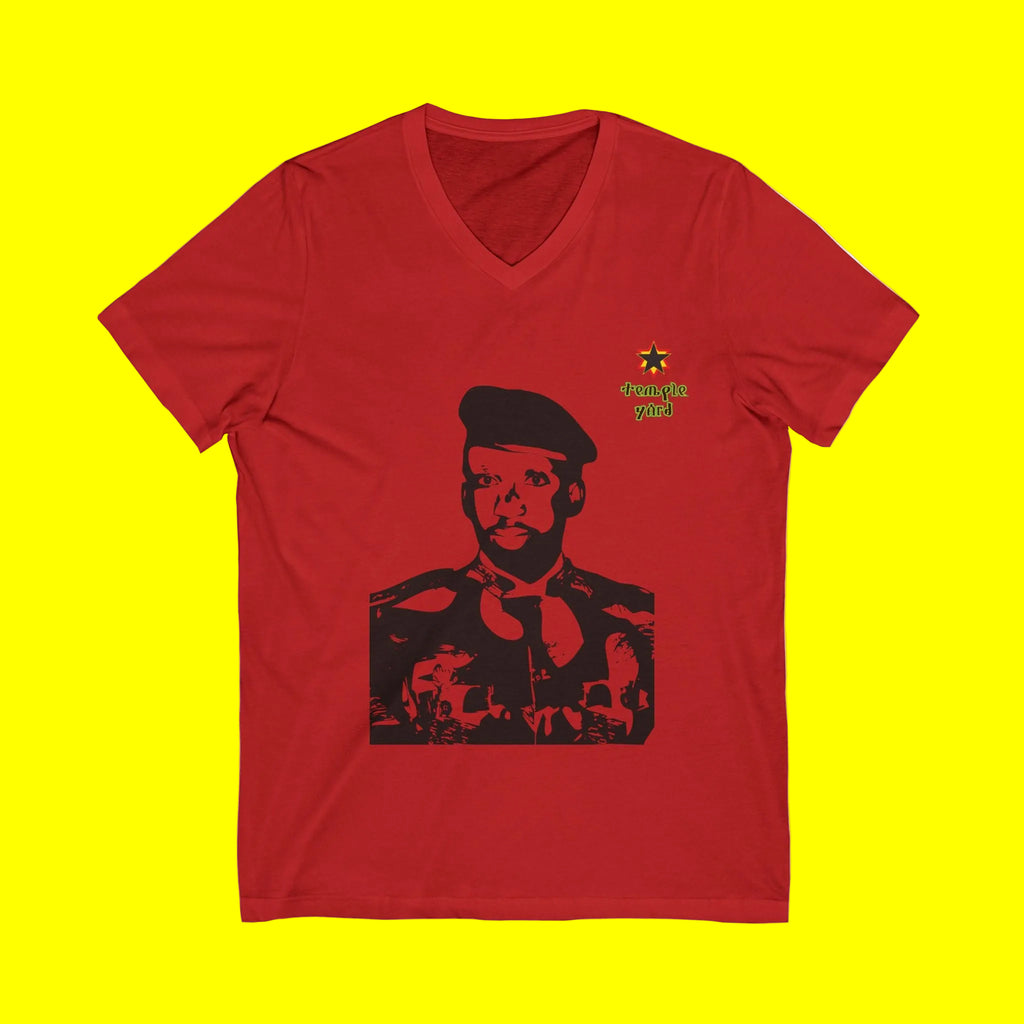 Revolutionary Portrait V-Neck Tee — Iconic Black & White Graphic with 'Triangle Yard' Accent